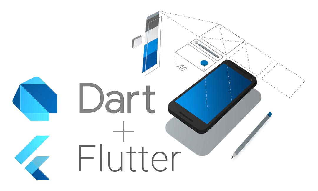 Dart und Flutter Logos neben einem Smartphone
